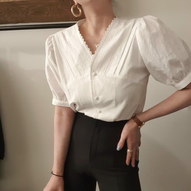 Áo Sơ Mi Nữ Cổ Chữ V Tay Ngắn Phối Ren Thời Trang 43052