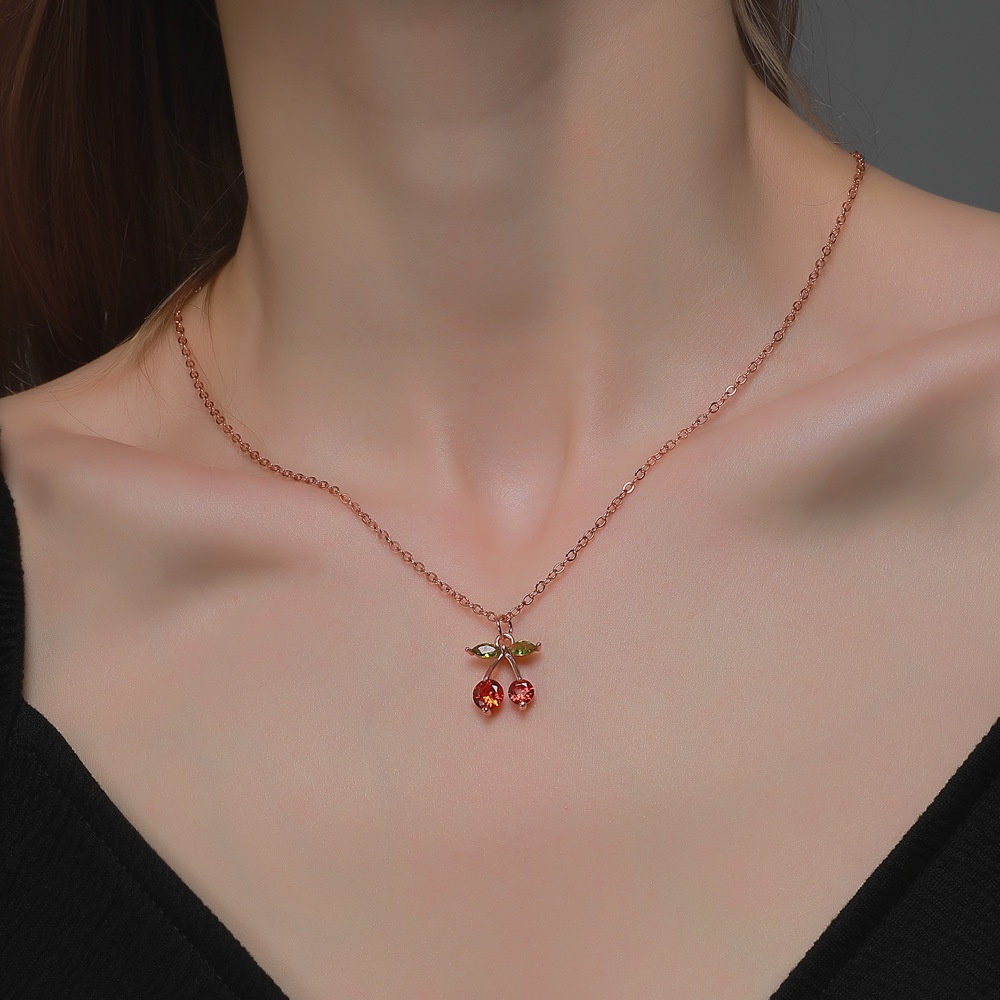 Vòng cổ Mặt Quả Cherry Nhỏ Đính Đá Zircon Màu Đỏ Sang Trọng Ngọt Ngào Thời Trang Cho Nữ