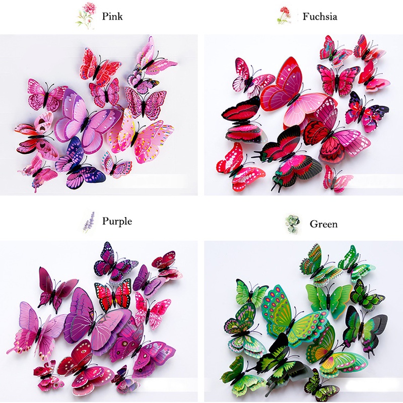 Set 12 Sticker Nam Châm Dán Tường Hình Bướm 3d Nhiều Màu Sắc