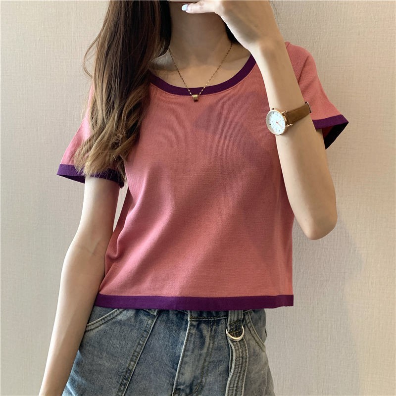 Áo croptop len viền tay ngắn freesize hàng Quảng Châu đơn giản trẻ trung cho nữ | BigBuy360 - bigbuy360.vn