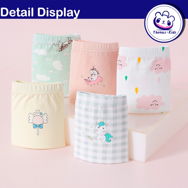 [THOMAS KIDS] Set 5 Quần Lót Boxer Cotton Họa Tiết Kỳ Lân Hoạt Hình Cho Bé Gái 3-12 Tuổi