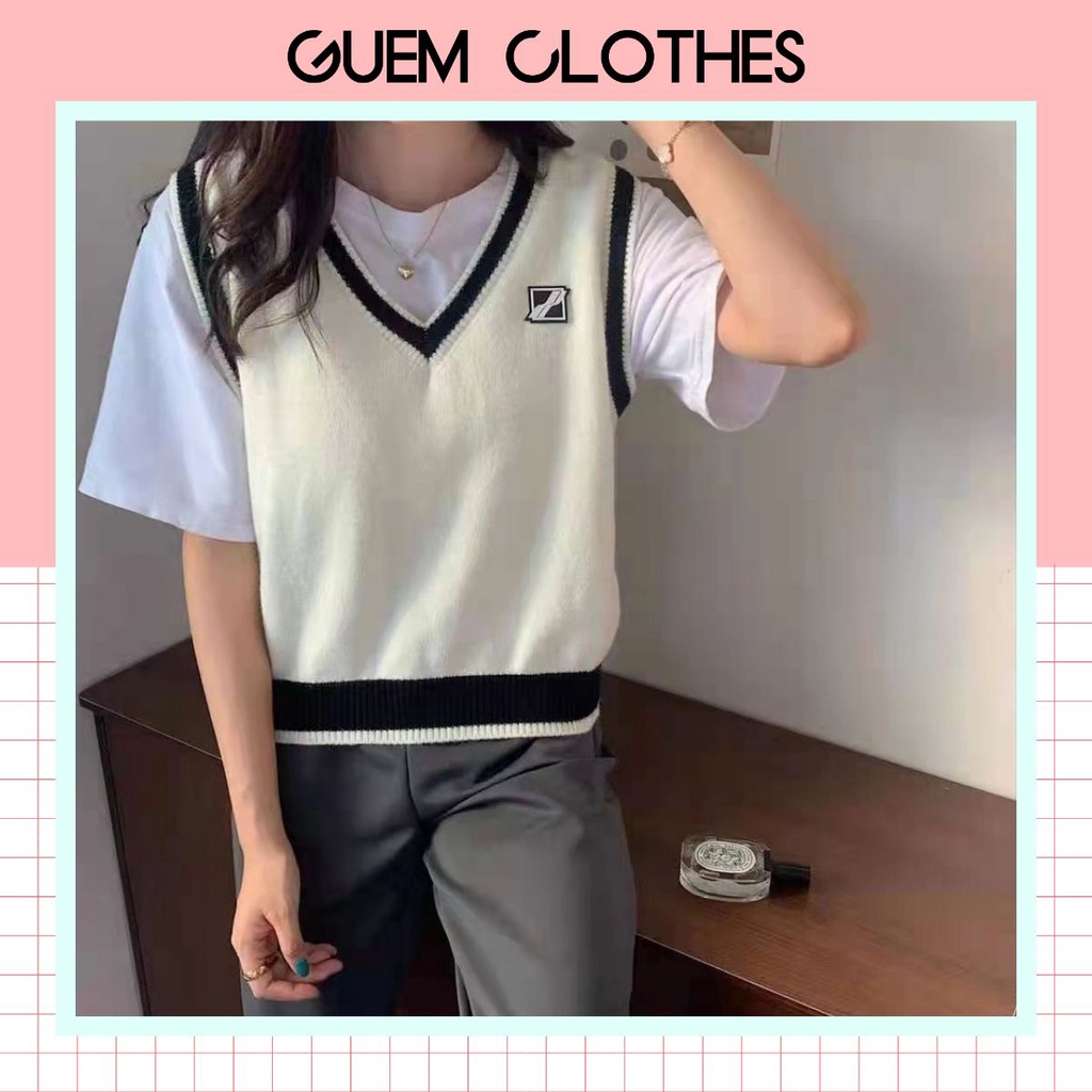 Áo gile len nữ phối viền đính Logo trước ngực hàng Quảng Châu - GUEM Clothes