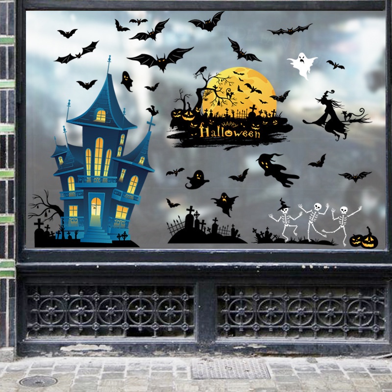 Bộ 4 Tấm Sticker Dán Tường / Kính Cửa Sổ / Cửa Sổ Họa Tiết Halloween Độc Đáo