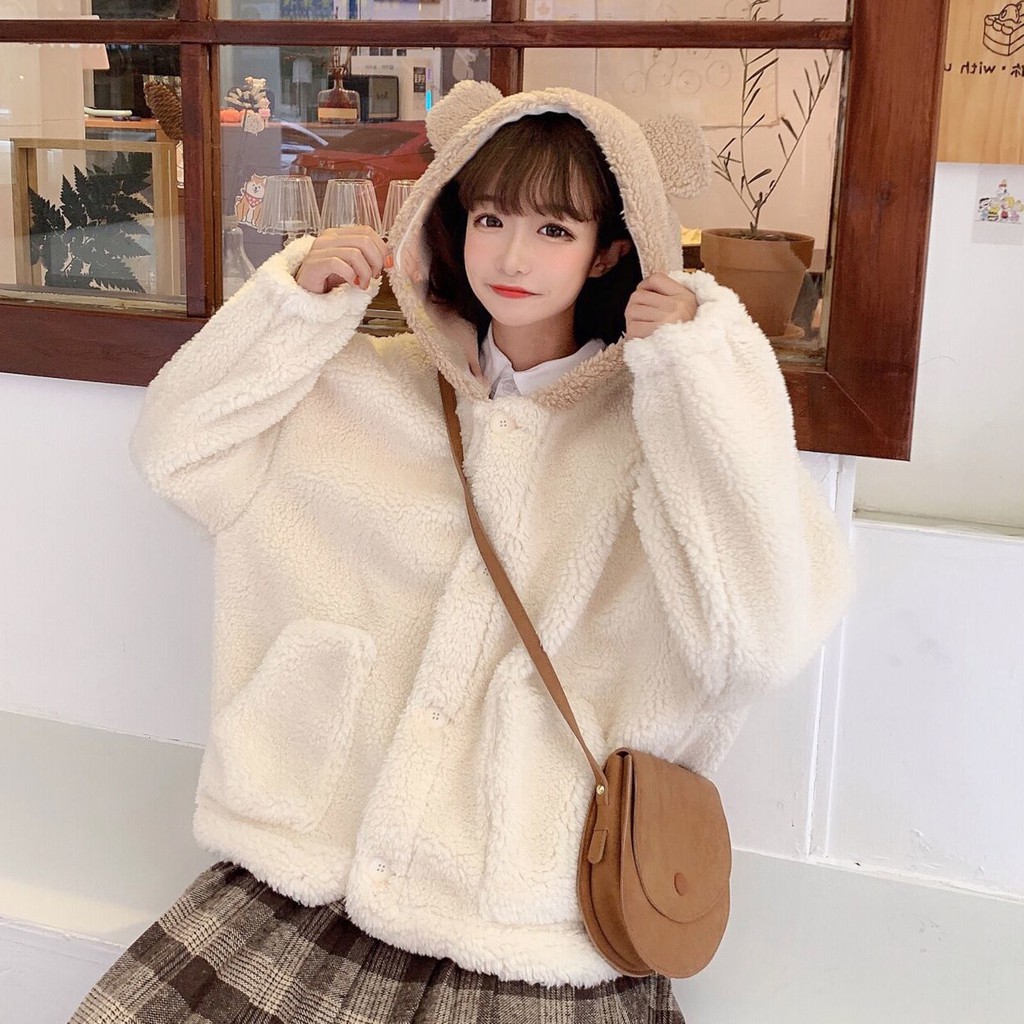 Áo khoác len màu kem bông ấm tay dài có nón tai gấu dễ thương mùa đông