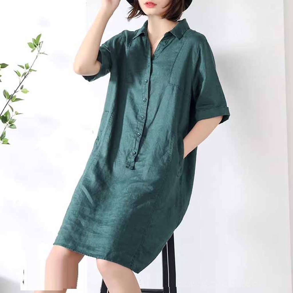 (TỔNG KHO LÂM ANH CHUYÊN SỈ) Đầm suông linen cổ đức túi bổ cơi không kén dáng mặc