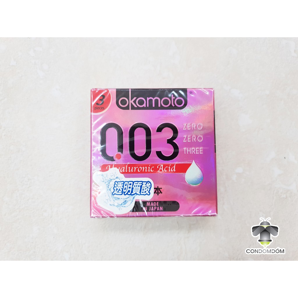 Bao cao su Okamoto 0.03 HA ( Hyaluronic Acid ) cực siêu mỏng chứa tinh chất dưỡng ẩm, mịn da hộp 3 chiếc