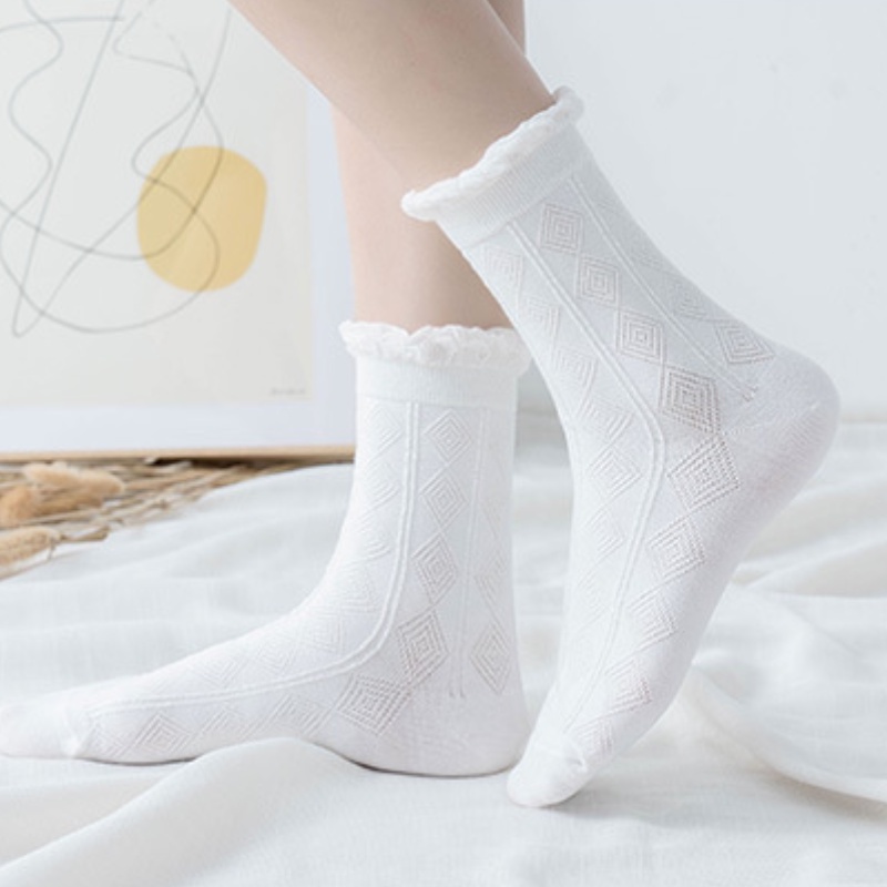 Vớ nữ FHYL phối ren mỏng màu trơn khử mùi thoáng khí thiết kế dễ thương