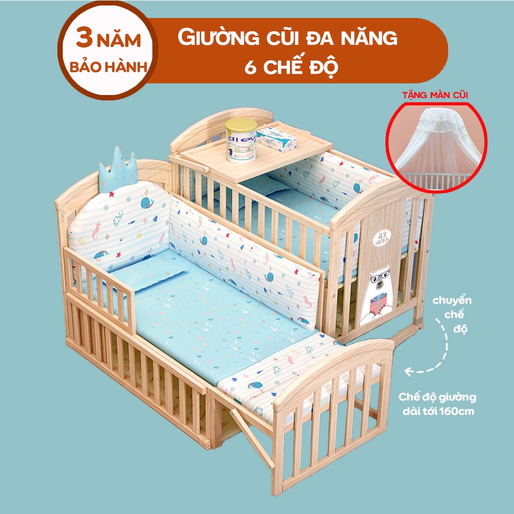 Cũi gỗ đa năng cho bé RUNA KIDS 6 chế độ tiện lợi cho mẹ và bé gỗ thông New Zealand Đệm bông ép bảo hành 3 năm