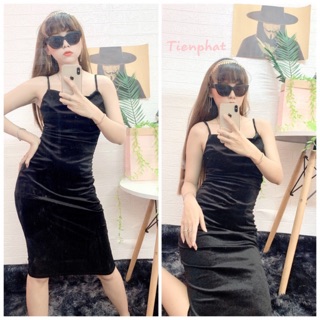 Đầm body nhung cổ đổ (có mút ngực)- Váy body nhung cổ đổ nhúng 2 bên eo sang chảnh