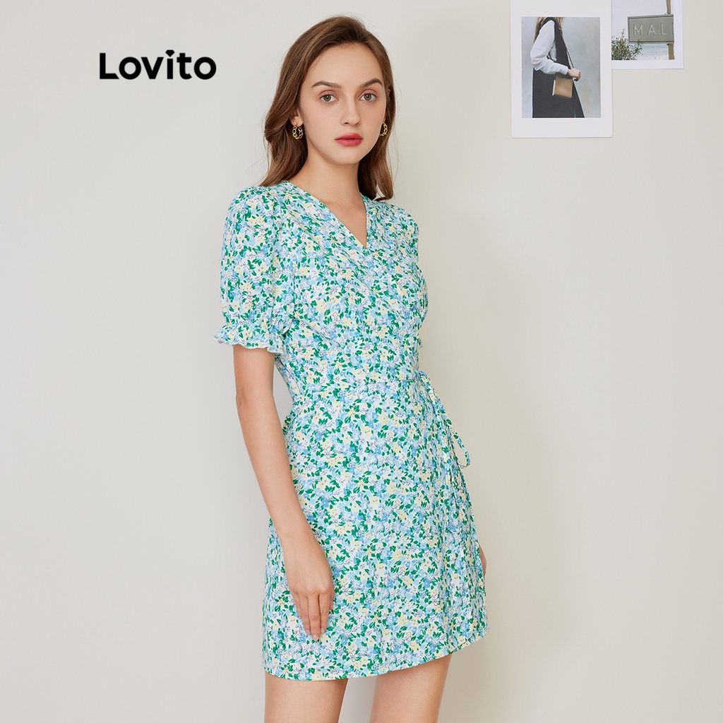 Đầm Lovito tôn dáng tay phồng in hoa phong cách thường ngày L27AD065 (màu xanh lam)