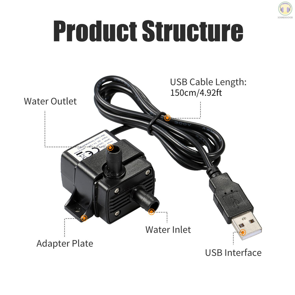 Máy bơm nước hồ cá không chổi thang siêu êm mini DC5V đầu cắm USB 120L/H 1.2W lên cao 3.28ft