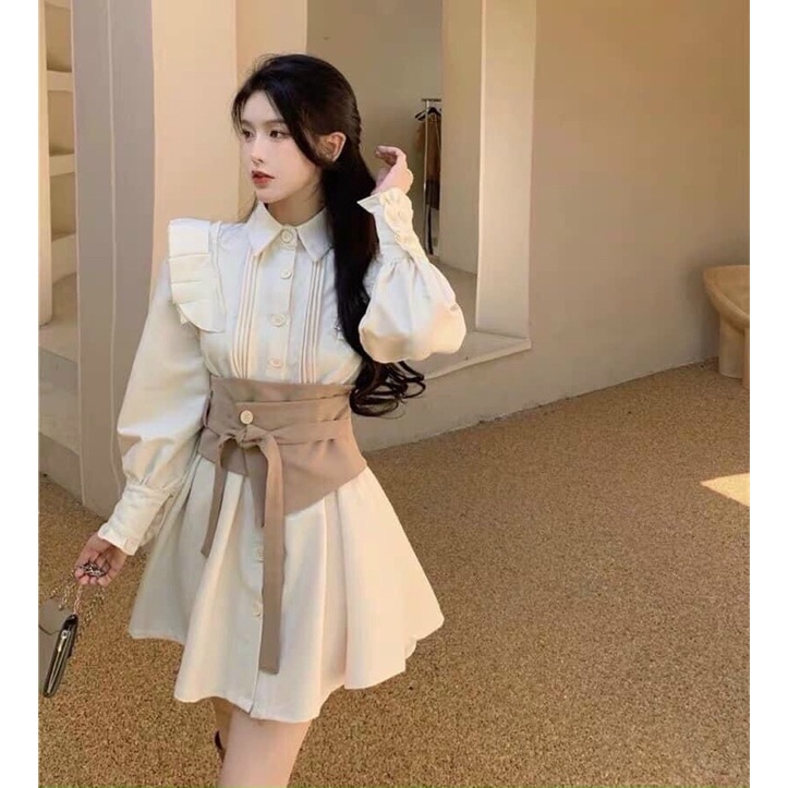Đầm sơ mi bèo cổ nude đai bụng,đầm nữ tay dài hàn quốc siêu xinh