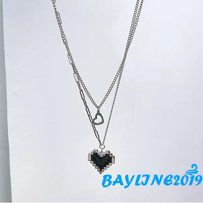 Dây chuyền hai lớp mặt hình trái tim mosaic màu đen phong cách hip hop làm quà valentine cho nữ