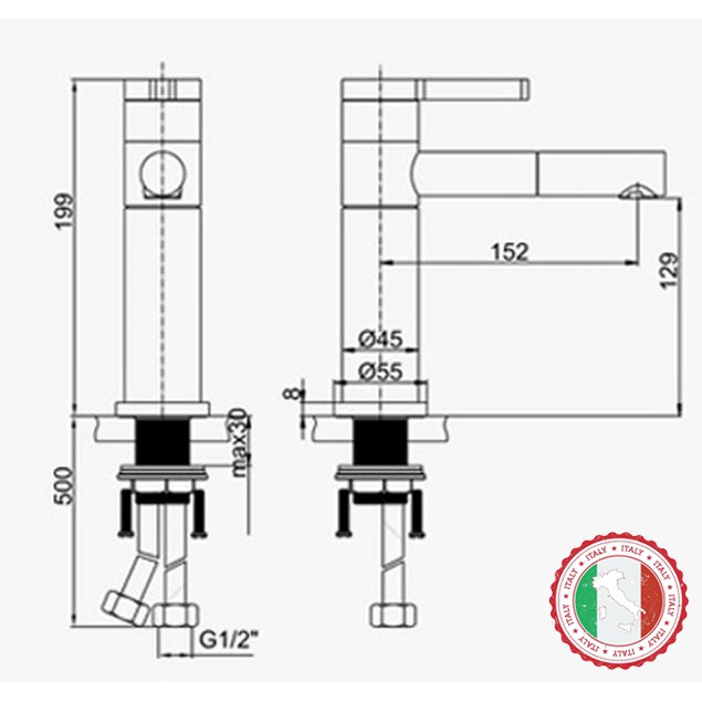 Vòi Lavabo nóng lạnh (Bóng kính, MÀU ĐEN, chân vừa) + 2 dây cấp - Siêu cấp ITALIA