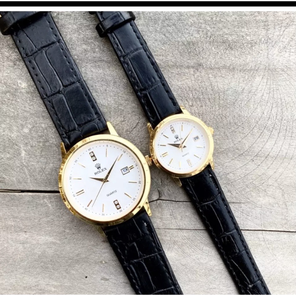 (Giá Sỉ) Đồng Hồ CẶP R0.LEX R075a TRẮNG Chống Xước, Chống Nước - TẶNG Dây da cao cấp + 2 pin AG4