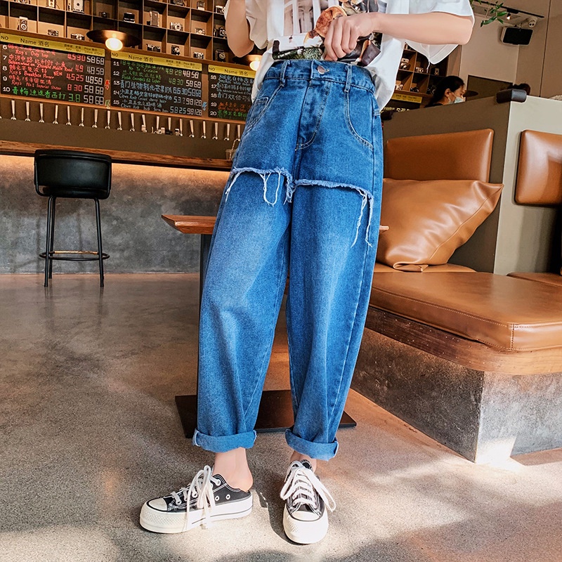 QJ33 Size130-170 (25-45kg) Quần jean bé gái Quần dài ống đứng Thời trang trẻ Em hàng quảng châu