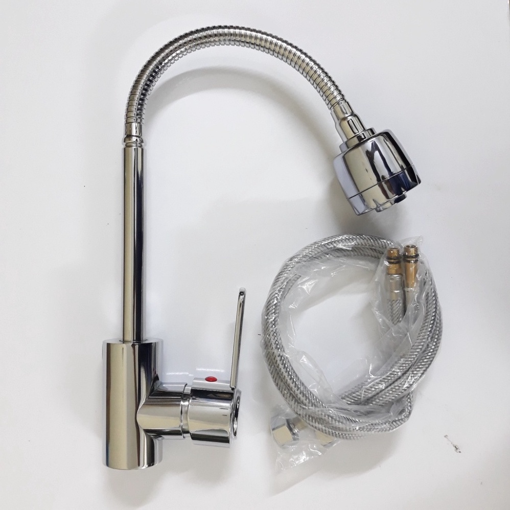 Vòi rửa bát nóng lạnh inox 304 màu bạc bóng cao cấp loại cần mềm xoay 360 độ, 2 chế độ xả nước siêu bền kèm dây cấp NL
