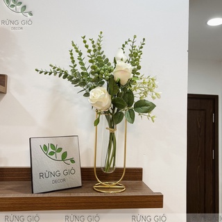 Set Lọ Hoa lụa vintage (Gồm cả Lọ viền kim loại + 1 Bó Hoa) trang trí nhà cửa, hoa giả nhân tạo, mã Sét 05