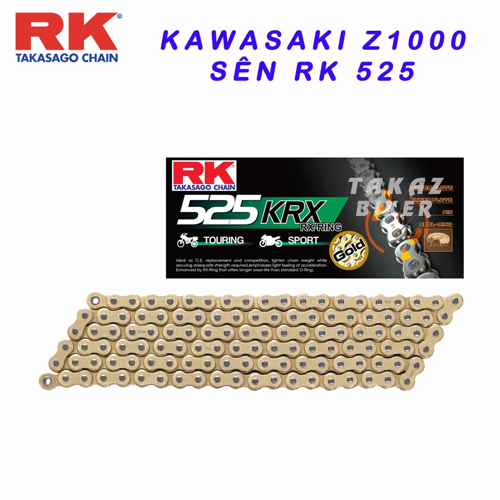 RK CHAIN - NHÔNG SÊN DĨA KAWASAKI Z1000 - SÊN KRX X-RING VÀNG