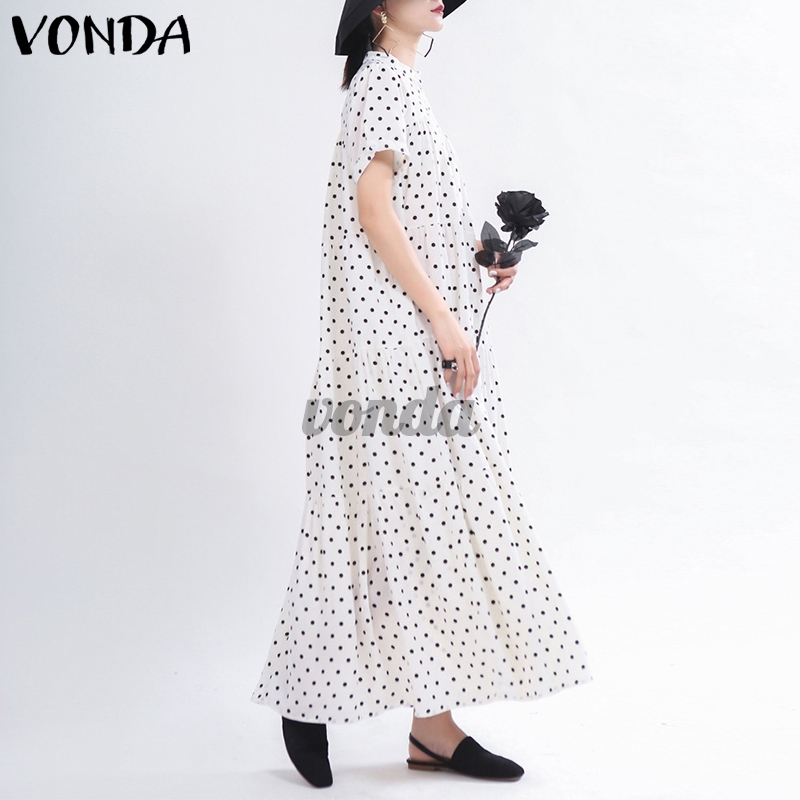 VONDA Women Short Sleeve Polka Dot Stand Collar Button Down Long Dress