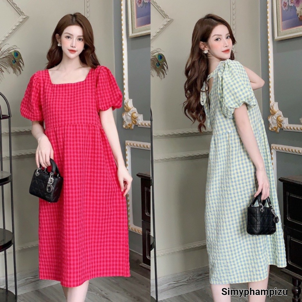 VÁY BẦU cổ vuông chất kẻ HÀN, Có dây buộc sau lưng siêu điệu đà , tay bồng tiểu thư sang chảnh V347