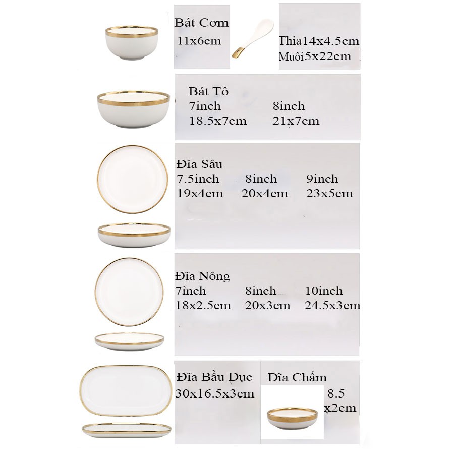 [LẺ] Set Bát Đĩa Đẹp - Đồ Dùng Phòng Ăn Sứ Trắng Viền Vàng Chất Lượng Cao - Lẻ Chi Tiết