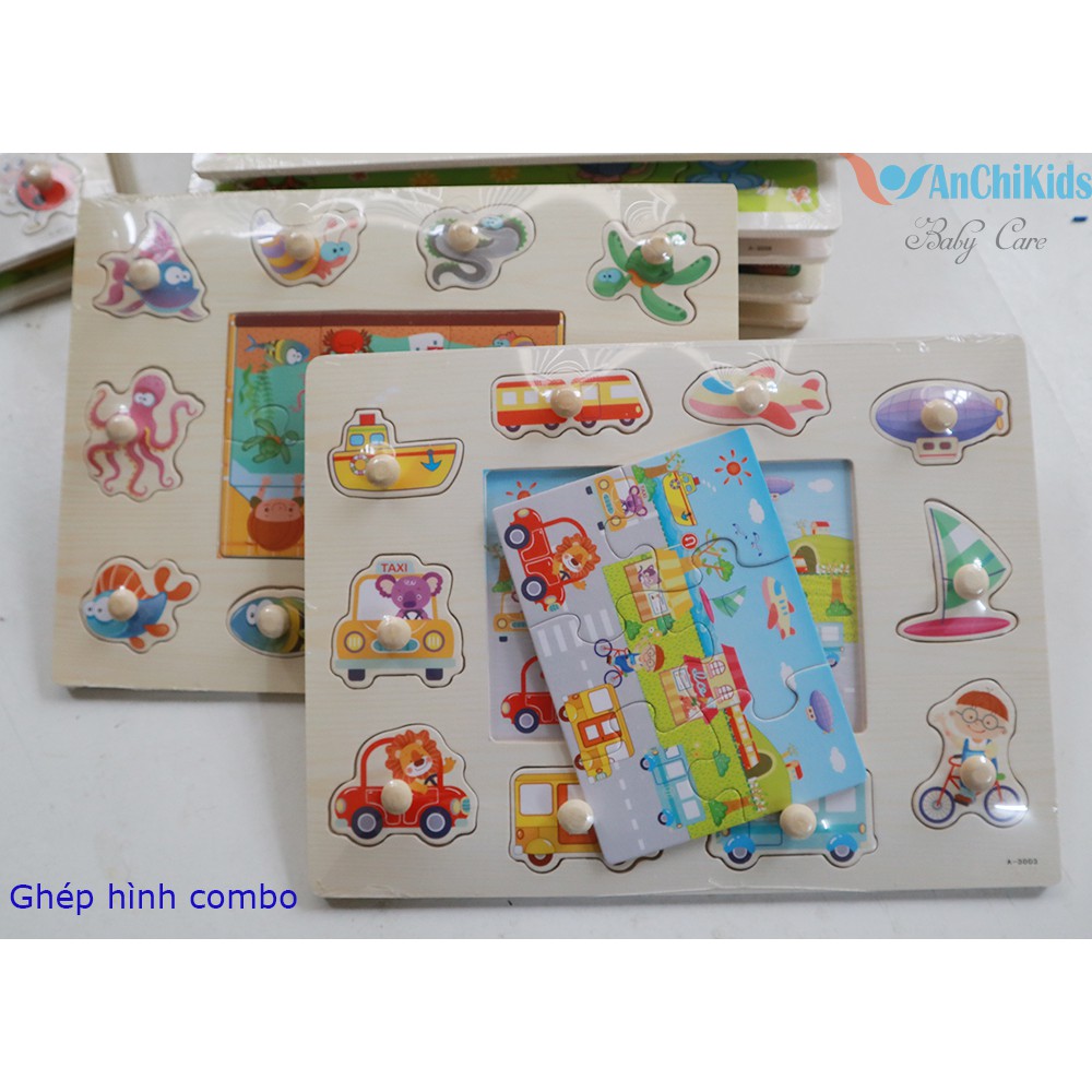 Đồ chơi lắp ráp bằng núm gỗ cho bé - chủ đề kết hợp bảng ghép hình