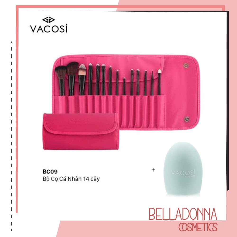 [Hàng chính hãng] Bộ Cọ Trang Điểm Bóp Da Hồng 14 Cây Vacosi BC09 Tặng Dụng Cụ Vệ Sinh Cọ Quả Trứng Vacosi