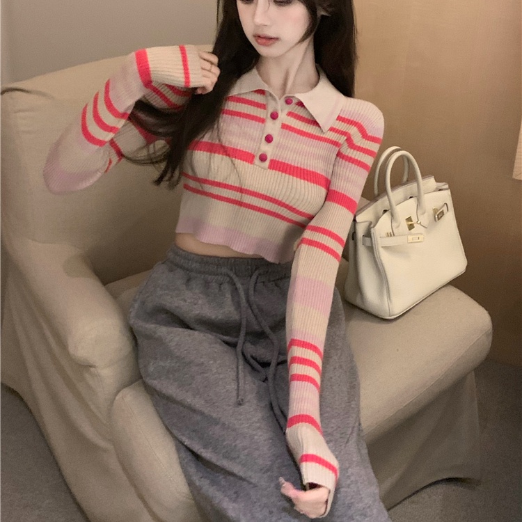 SUXI Áo Croptop Tay Dài Hoạ Tiết Kẻ Sọc Cho Nữ