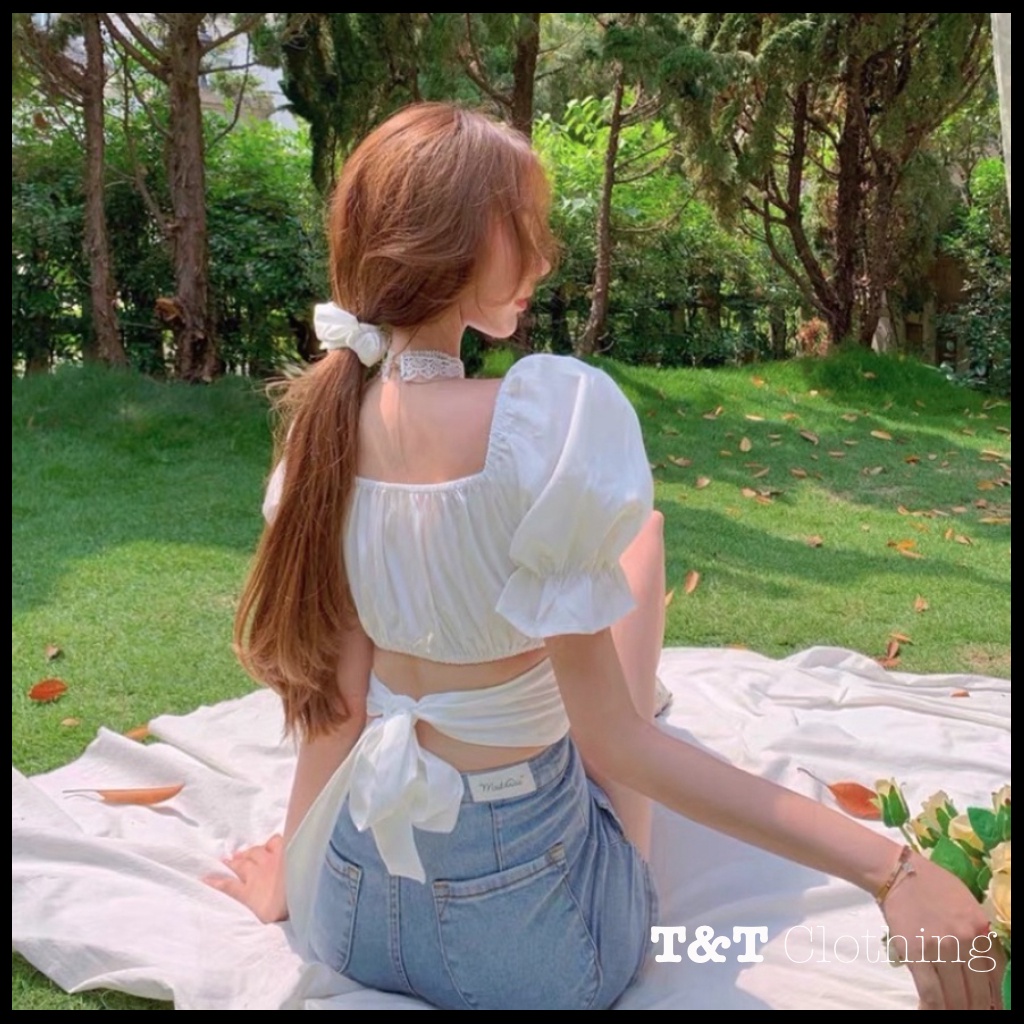 ÁO VOAN TAY NGẮN CỘT NƠ - áo croptop trễ vai nơ lưng - AK0042 | 23tshop