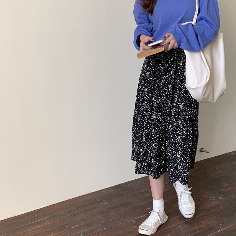 Chân váy Midi dài Hoa nhí Xếp ly Lưng cao Dáng chữ A Ulzzang Hàn Quốc Chân váy dài Cạp cao Mùa Hè Thời trang | BigBuy360 - bigbuy360.vn