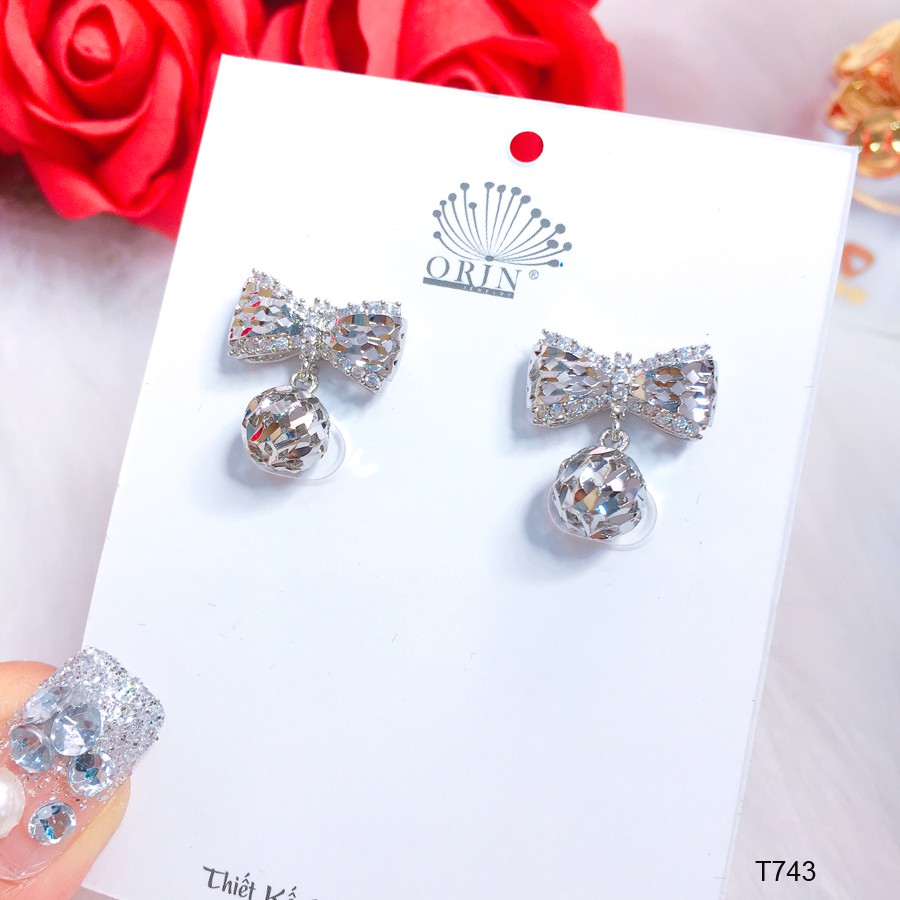 Bông tai bạc, khuyên tai nơ đính đá cao cấp Orin T743