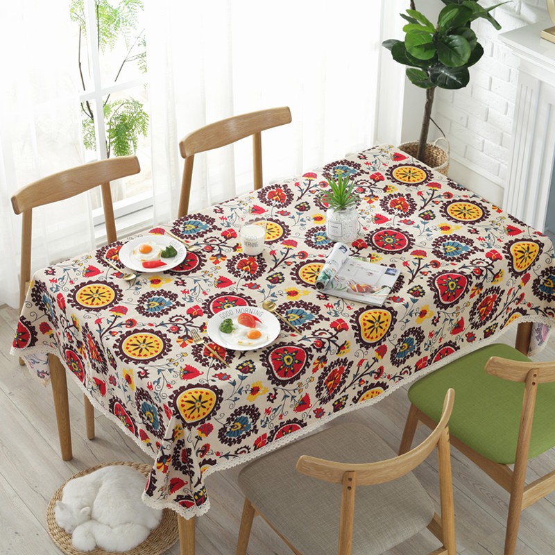 Khăn Trải Bàn Canvas Boho Hoa Hướng Dương Viền Ren