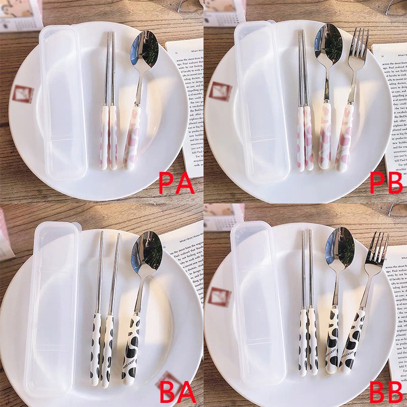 Bộ muỗng đũa bằng gốm và thép không gỉ họa tiết hoạt hình dễ thương tiện dụng