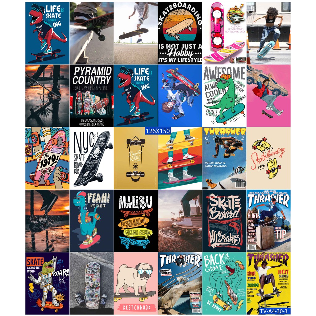 Combo 50 tờ Decal dán tường trang trí khổ A4,A5 - Trượt ván