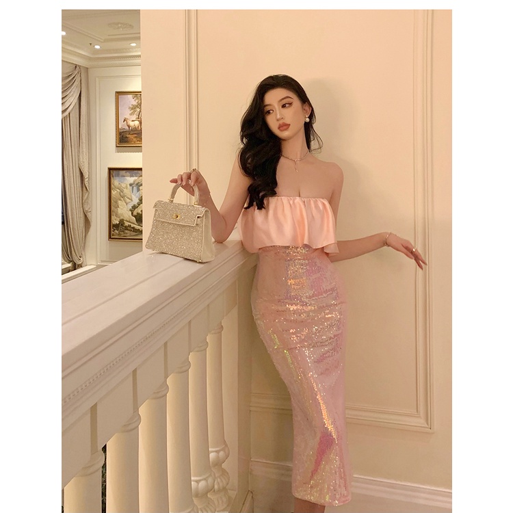 Đầm Cúp Ngực Ôm Dáng Đính Sequin Lấp Lánh Phong Cách Quyến Rũ Dành Cho Nữ