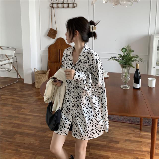 Áo Sơ Mi Tay Dài Dáng Rộng Họa Tiết Da Báo Cá Tính Phong Cách Hàn Quốc
