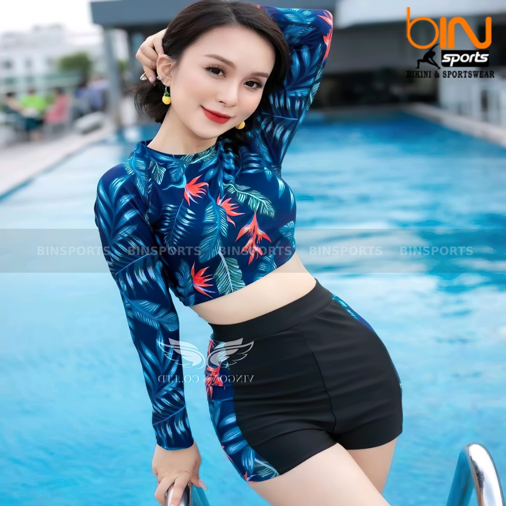 Bikini Nữ 2 Mảnh Quần Đùi Cạp Cao Aó Crop Dài Tay Phủ Bụng Bin Sports BHV089