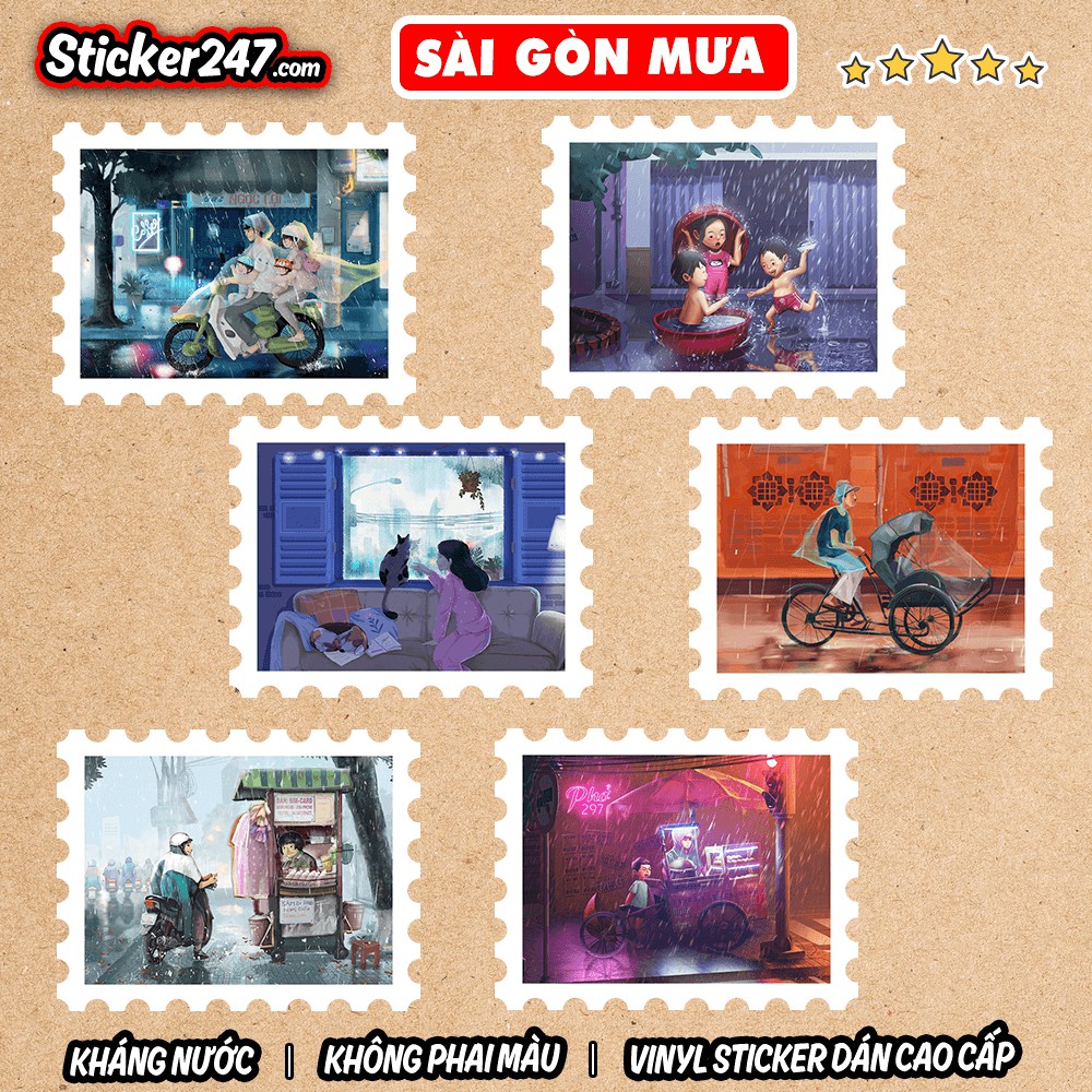 Bộ 12 Sticker khung cảnh Sài Gòn Mưa 🌈𝑭𝒓𝒆𝒆𝒔𝒉𝒊𝒑 chống nước, hình decal dán laptop, ipad, mũ bảo hiểm, guitar, vali, decor