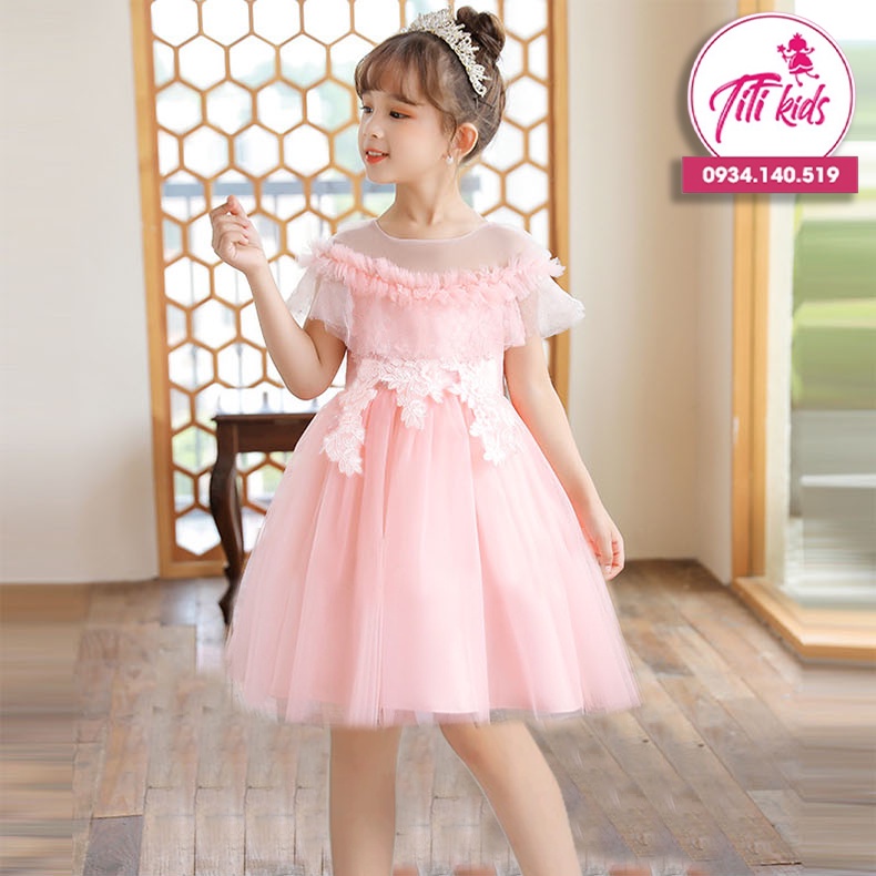 Đầm Công Chúa Bé Gái TiTiKids Đầm Cao Cấp Xếp Ly Cổ Tùng Ngắn CC167