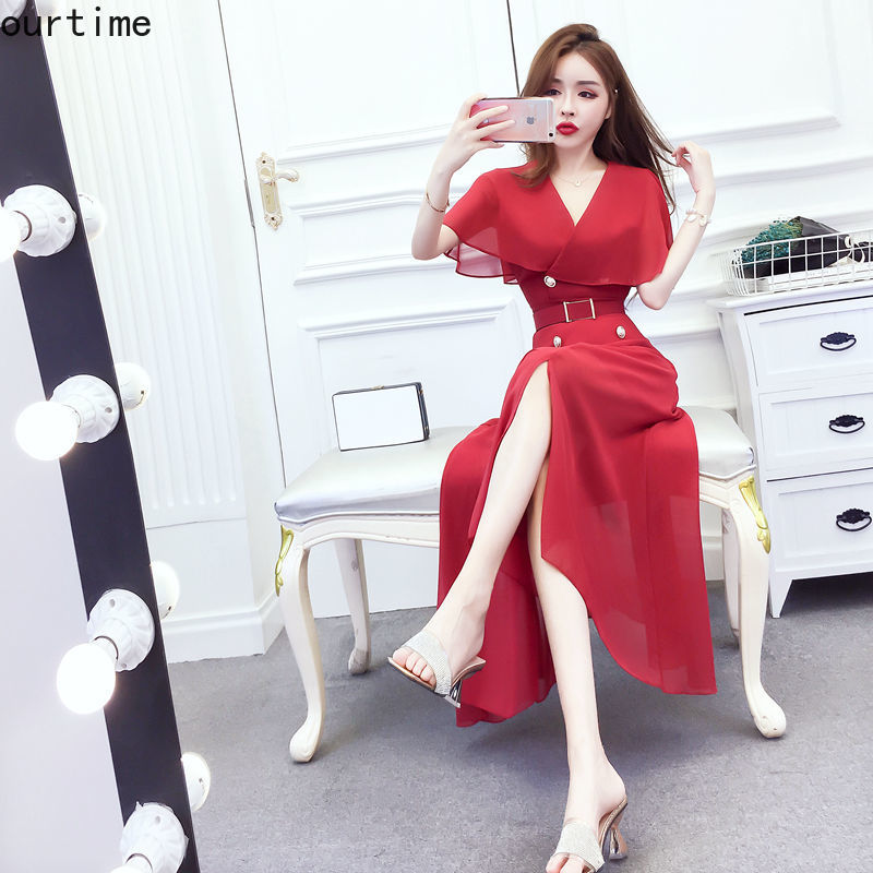 OT Đầm Maxi Vải Chiffon Cổ Chữ V Cài Nút Đôi Thời Trang Mùa Hè Cho Nữ