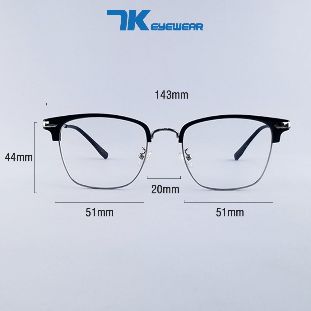 Mắt kính cận có độ sẵn 0 - 6 độ nam nữ gọng kim loại chữ nhật 7K9314. Tròng chống tia UV, ánh sáng xanh, đổi màu