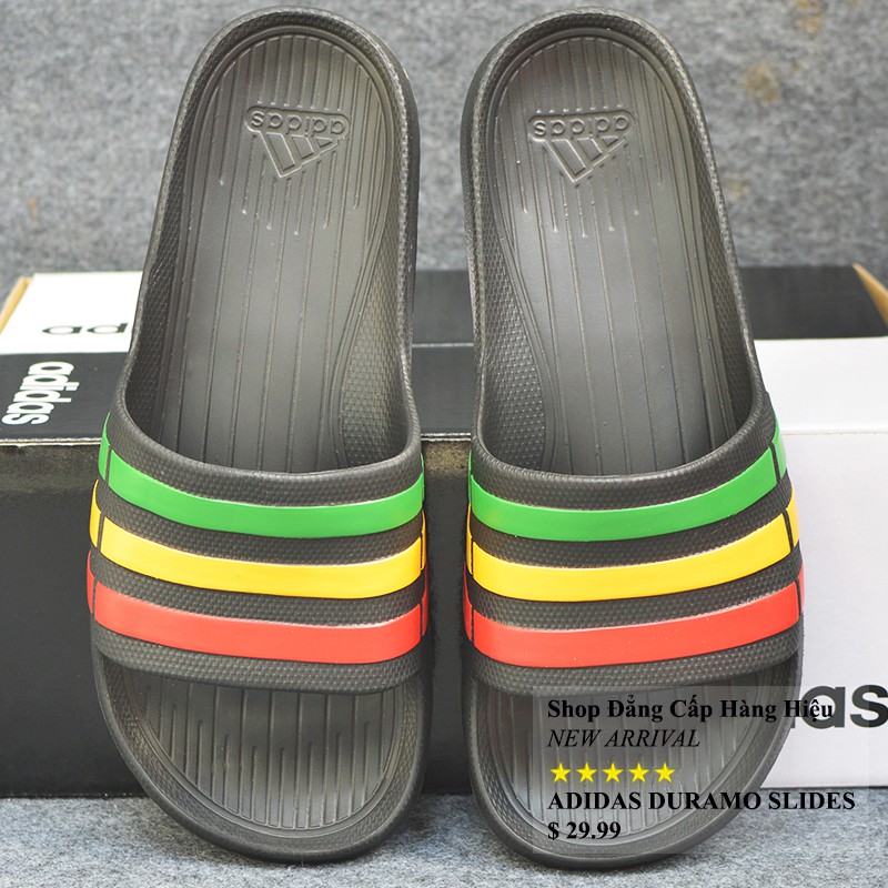 Dép Adidas Duramo màu đen sọc lá vàng đỏ