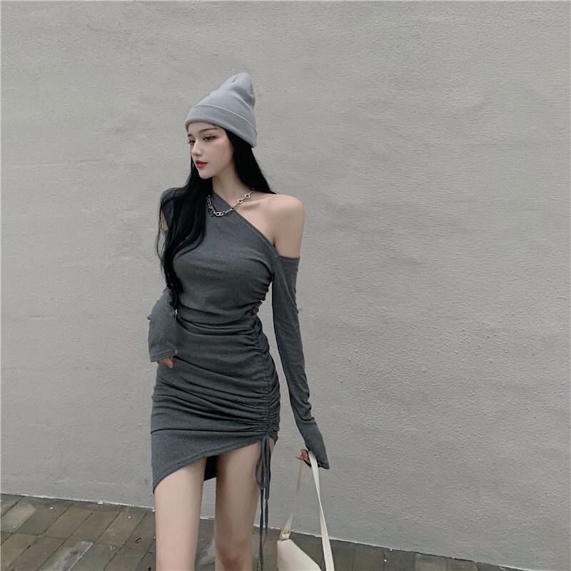 [MURIOKI] Đầm Đen Tay Dài Hở Vai Nhấn Eo Thanh Lịch Quyến Rũ Thời Trang Hàn Quốc Cho Nữ