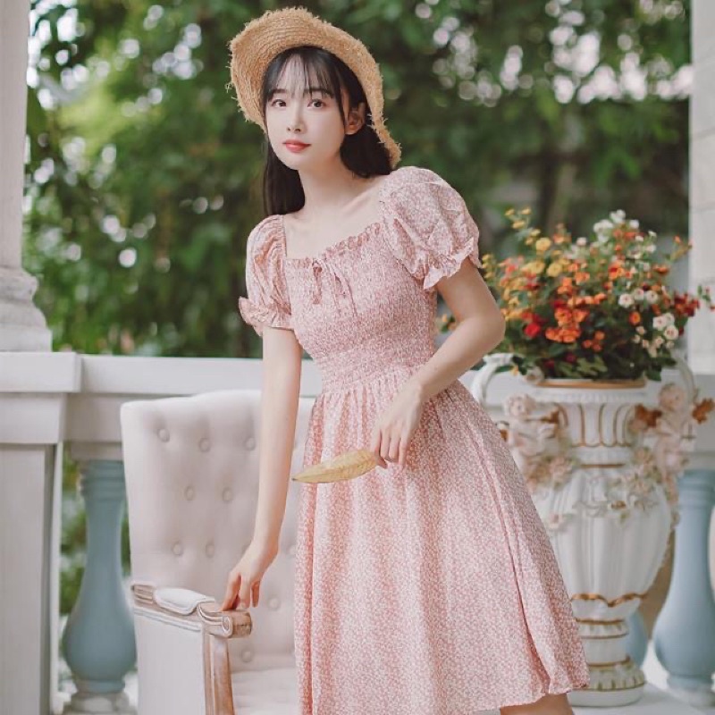 Đầm voan hoa nhí cổ vuông phối nơ bo chun ngực