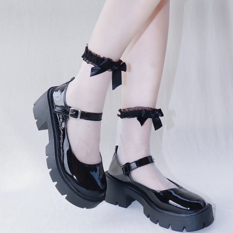 Xiangbao Vớ Thủy Tinh Trong Suốt Siêu Mỏng Thắt Nơ Phối Bèo Màu Trơn Phong Cách Lolita Nhật Bản Ngọt Ngào Cho Nữ