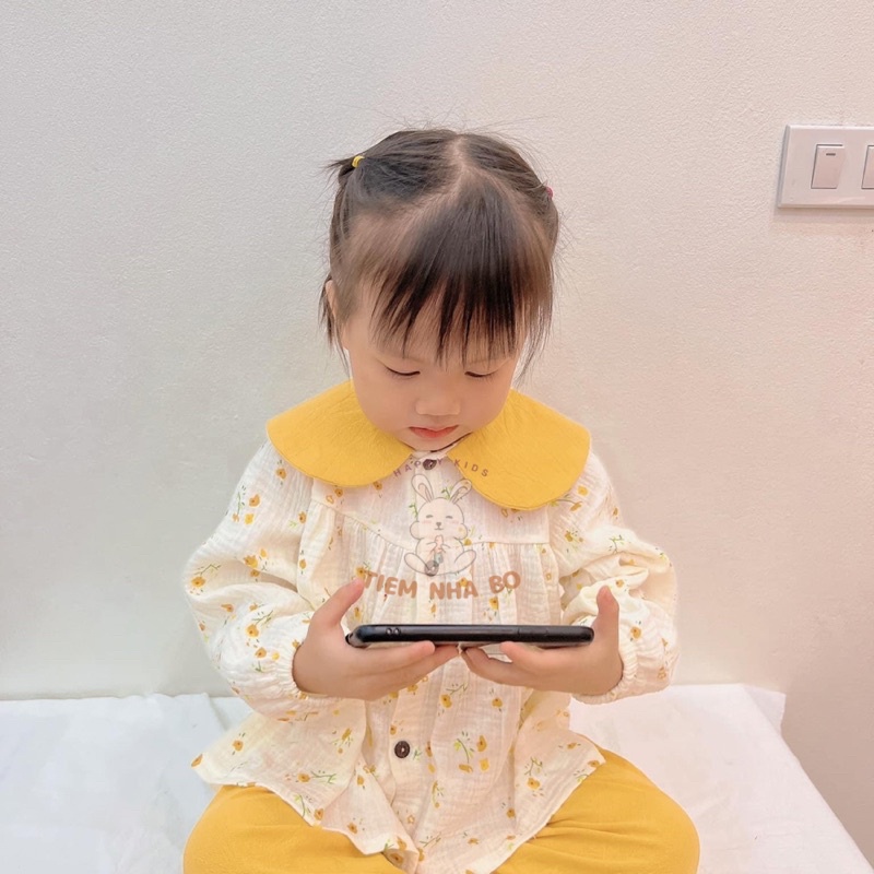 Bộ thu đông bé gái, bộ dài tay cổ sen cho bé vải xô muslin từ 5-15kg TNB