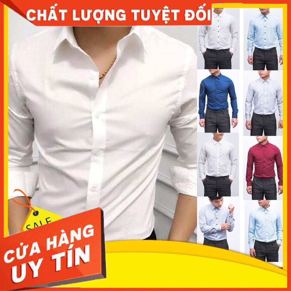 Áo Sơ Mi Nam trắng dài tay Hàn Quốc form body, vải lụa Thái chống nhăn