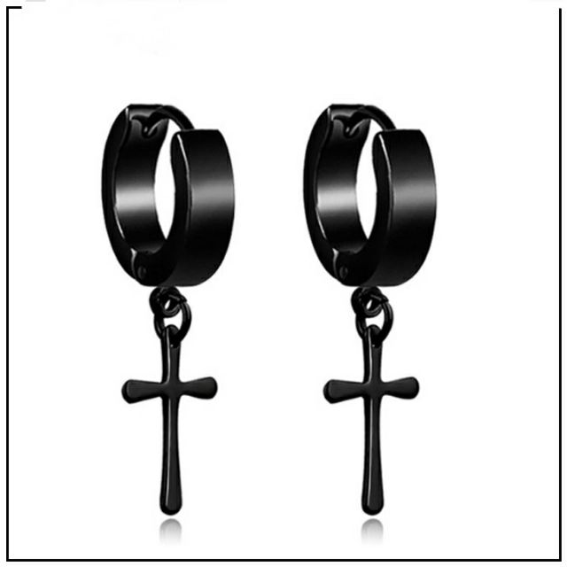 Bông tai khoen inox thánh giá màu đen