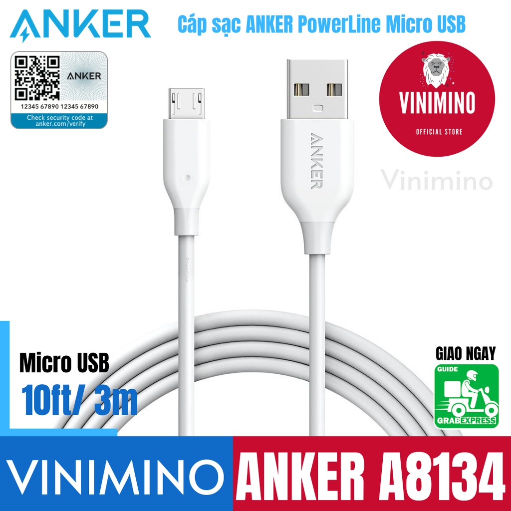 [Chính hãng] Dây cáp sạc Anker PowerLine Micro USB - A8134 dài 3m / A8133 dài 1.8m (Dùng cho máy Android Micro USB-A))